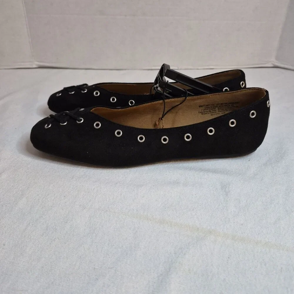 Time And Tru Women's Corset Ballet Flats Size 9 Black Faux Suede  Grommets